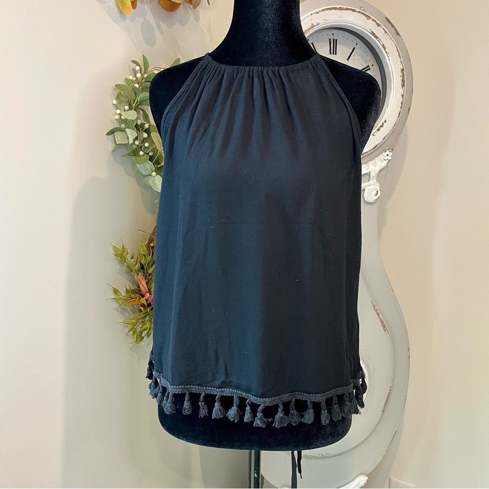 JW Style Black Halter Neck Top with Boho Tassel Fringe Hem Medium